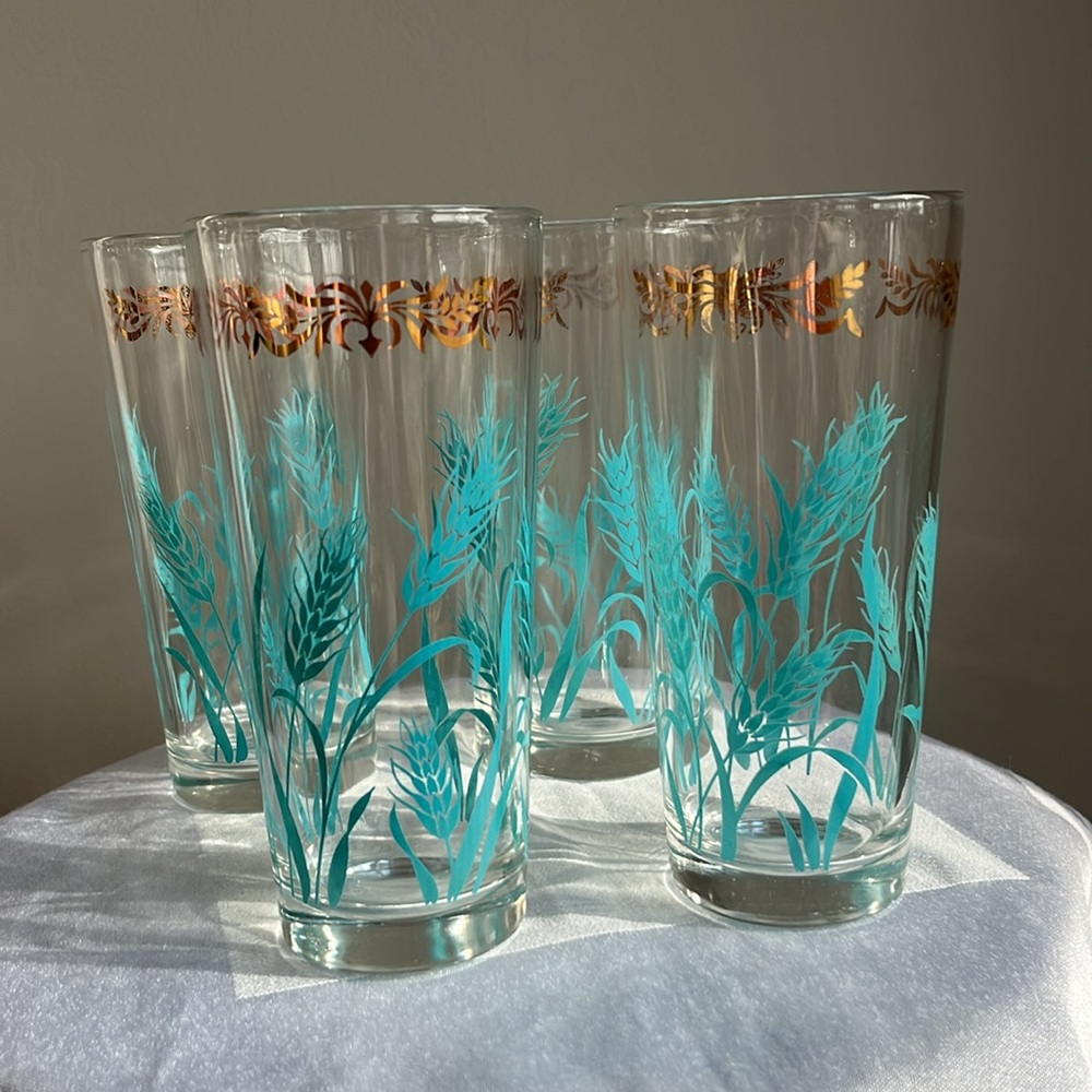 Federal Glass Aqua and Gold Drinking Glasses‎ MCM Wheat Set 4 Turquoise Vintage